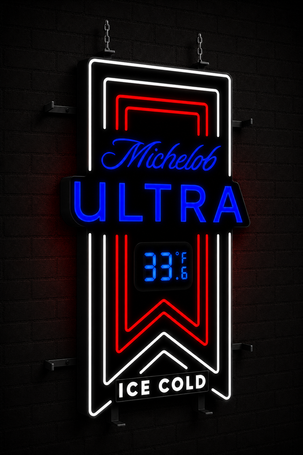 Illuminated Michelob Ultra sign on a dark brick wall